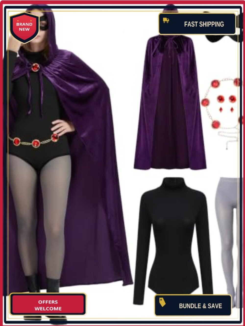 Adult Dark Gothic Halloween Costume Set Hooded Velvet Bodysuit Fishnet Cosplay